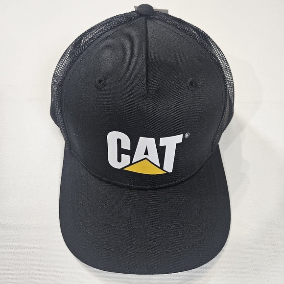 Cat Other - CAT Caterpillar Mens Trucker Hat Cap Snapback Mesh Black White Yellow Logo‎ NEW